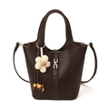 Dark brown bucket bag in lychee leather with white flower charm and silver buckle - Brown