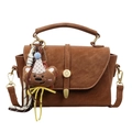 Brown vintage PU leather handbag with round buckle and plush bear pendant detail - With Pendant / Brown