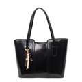 Classic black tote bag in glossy faux leather with decorative beaded ethnic tassel - With Pendant / Black