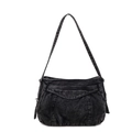 Bolso bandolera de mezclilla negra vintage con logo bordado y diseño plisado - Negro