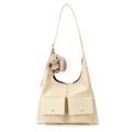 Borsa hobo in pelle PU bianco crema con tasche simmetriche e ciondolo a coniglio - Con Ciondolo / Bianco Sporco