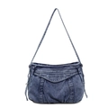 Bolso tote grande de mezclilla azul oscuro con bordado SUBELETING y detalle de solapa - Azul claro
