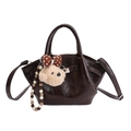 Coffee brown glossy PU leather bucket bag with cute bear charm and shoulder strap - With Plush Bear Pendant / Brown