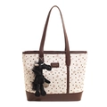 Cream canvas tote bag with brown heart patterns and a black horse charm accessory - With Pendant / Off White