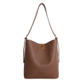 Brown litchi grain leather tote bag with gold swivel lock and elegant shoulder strap - Brown
