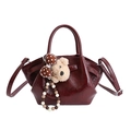 Deep red shiny faux leather bucket bag with a cute bear charm and shoulder strap - With Plush Bear Pendant / Red