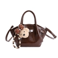 Dark brown glossy leather bucket bag with cute bear charm and adjustable strap - With Plush Bear Pendant / Brown