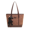 Brown corduroy tote bag with heart patterns, leather trim and plush horse charm - With Pendant / Coffee