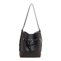 Classic black bucket shoulder bag with lychee texture and buckle strap detail - Black
