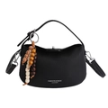Sac à main minimaliste en cuir noir grainé avec breloque en perles de bois - Avec Pendentif / Noir
