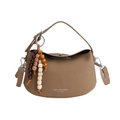 Sac à main marron texture litchi avec pompon perlé et bandoulière réglable - Avec Pendentif / Kaki