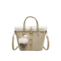 Bolso saco de ante beige con ribete de piel sintética blanca y detalle de pompón - Con Colgante / Caqui