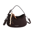 Dark brown lychee pattern leather handbag with unique beaded charm and white lettering - Brown