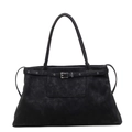 Grande borsa tote vintage in pelle scamosciata nera opaca con fibbia e spalline sottili - Nero