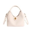 Bolso cubo chic en cuero blanco crema con textura de grano litchi y cierre giratorio dorado - Blanco Roto