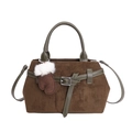Sac à main givré café foncé avec poignées en cuir vert et pendentif gant en peluche - Avec Pendentif / Vert