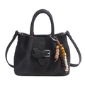 Dark coffee woven handbag with chevron texture, wooden bead pendant and silver hardware - Brown