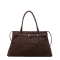 Dettaglio borsa tote in pelle scamosciata marrone scuro con fibbia metallica e occhielli - caffè