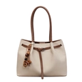 Beige canvas tote bag with brown leather handles and decorative ethnic wooden bead tassel - With Pendant / Off White