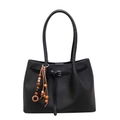 Minimalist black leather tote bag with slender handles and colorful wooden bead accessory - With Pendant / Black