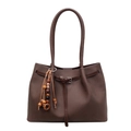 Fashionable dark brown tote bag in pebbled leather with vintage buckle and ethnic beads - With Pendant / Coffee