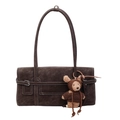 Vintage brown shoulder tote bag with a cute bear plush pendant in a retro style - With Pendant / Brown