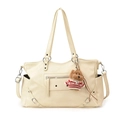 Retro cream faux leather tote bag with bear charm and adjustable shoulder strap - With Pendant / White