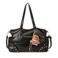 Black large capacity faux leather tote bag with cute plush bear charm and adjustable strap - With Pendant / Black