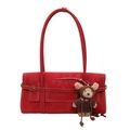 Minimalist red suede shoulder bag with metal buckle and cute brown teddy bear charm - With Pendant / Red