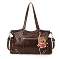 Vintage dark brown tote bag in glossy leather with silver rivets and a cute dog pendant - With Pendant / Red