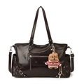 Dark brown oil wax leather tote bag with a cute bear charm and adjustable shoulder strap - With Pendant / Brown