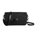 Classic black flap crossbody bag with textured fabric panel and silver metal hardware - Black