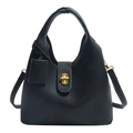 Schwarze Eimer-Handtasche aus Leder mit goldenem Drehverschluss und Schulterriemen - Schwarz