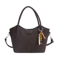 Dark brown ribbed tote bag with dual handles and beaded leopard print tassel - Brown