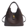 Dunkelbraune Leder-Eimertasche mit Litschi-Muster, goldenem Drehverschluss und Schultergurt - Braun