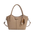 Light camel pebbled leather tote bag with elegant beaded pendant and top handles - Khaki