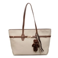 Grand sac cabas vintage en toile crème avec bandoulière en cuir et pendentif ours - Avec Pendentif / Blanc Cassé