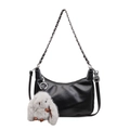 Schwarze Hobo-Tasche aus Leder mit Silberkette und süßem Plüsch-Hasen-Anhänger - Groß Mit Anhänger / Schwarz