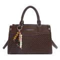 Sac à main marron foncé avec texture tissée à chevrons et breloque décorative - Marron