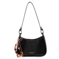 Classic black leather shoulder bag for women with vintage beaded charm and logo print - With Pendant / Black