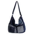 Borsa tote in denim patchwork blu scuro e chiaro con doppia tasca frontale - Blu scuro