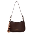Retro dark brown faux leather hobo bag with gold logo and wooden bead tassel detail - With Pendant / Brown