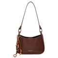 Vintage dark brown leather shoulder bag with decorative wooden beads and gold logo - With Pendant / Brown
