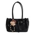 Sac cabas noir en similicuir plissé vintage avec joli charme d'ours en peluche - Avec Pendentif / Noir