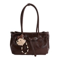 Sac fourre-tout en cuir huilé marron foncé avec boucle décorative et breloque ours mignon - Avec Pendentif / Marron