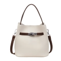 Minimalist bucket bag in cream white with brown leather trim and metallic turn-lock - White