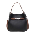 Fashionable black and brown contrast leather bucket bag with silver clasp and top handle - Black