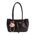 Dark brown faux leather tote bag with oil-wax texture and cute bear charm pendant - 27*7*19cm / With Pendant / Brown