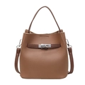 Brown litchi grain leather bucket bag with silver metal twist lock and top handle - Brown