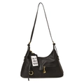 Minimalist black faux leather shoulder bag with gold hardware and fashion tag - Black With Pendant